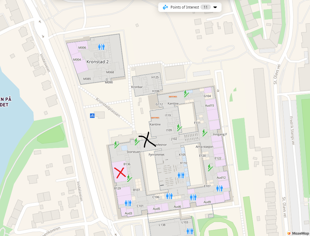 NB: Grunnet stor pågang for fysisk deltakelse er møterommet endret. Rød X: Møterommet. Sort X: Inngang. Kronstad 2 øverst på bildet var det opprinnelige møterommet, som nå er flyttet. 